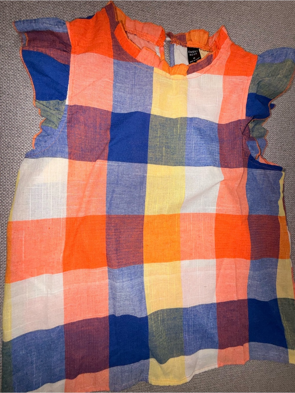 Ruffle Sleeve Plaid Blouse in Orange & Blue - Emery Rose